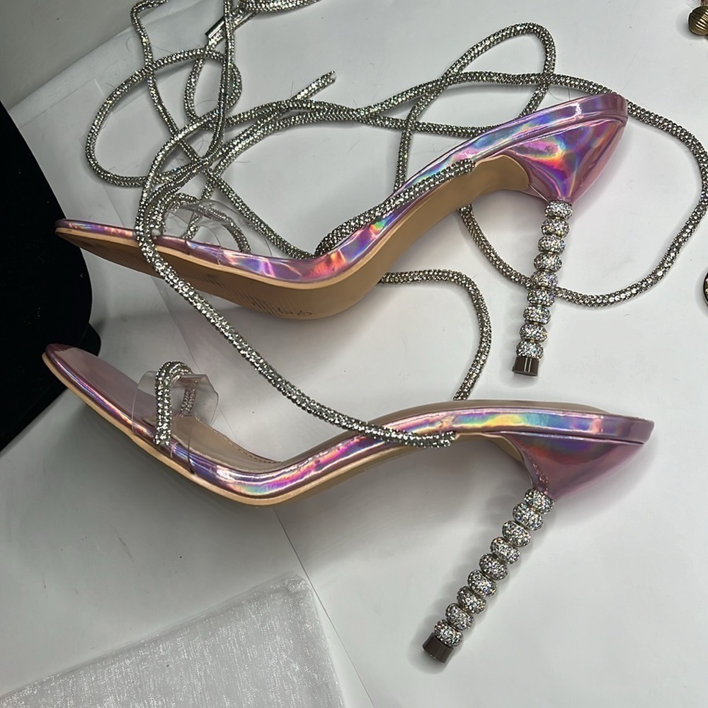Wrap Around Sz 7.5 Soft Crystal Embossed Wraparound Pink Purple Metallic Heels